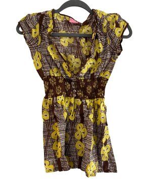 Vintage Y2K Yellow & Brown Floral Patterned Smocked Waist Blouse Top S Shes Cool